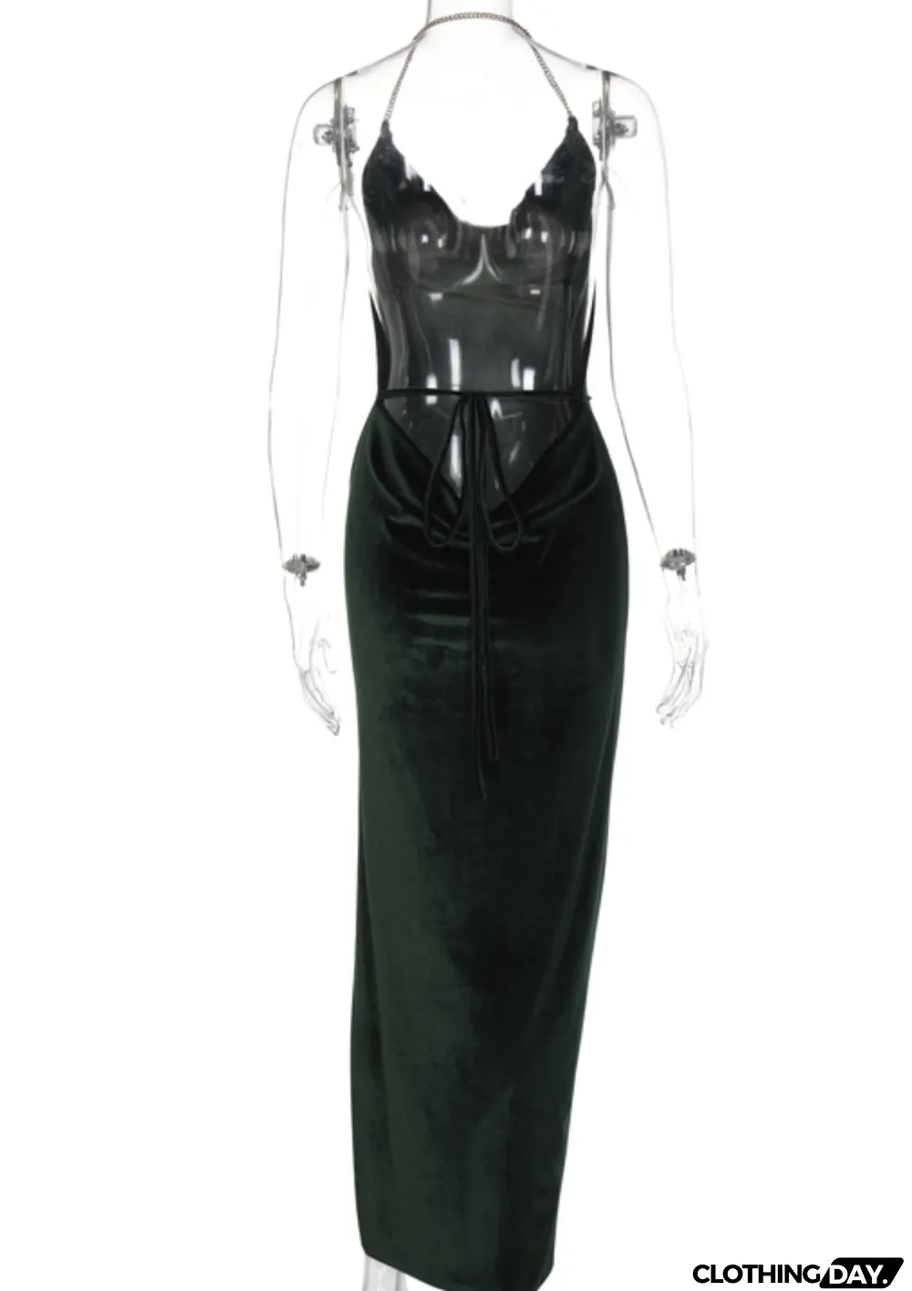 Spring Green Velvet Halter Slit Long Evening Dress