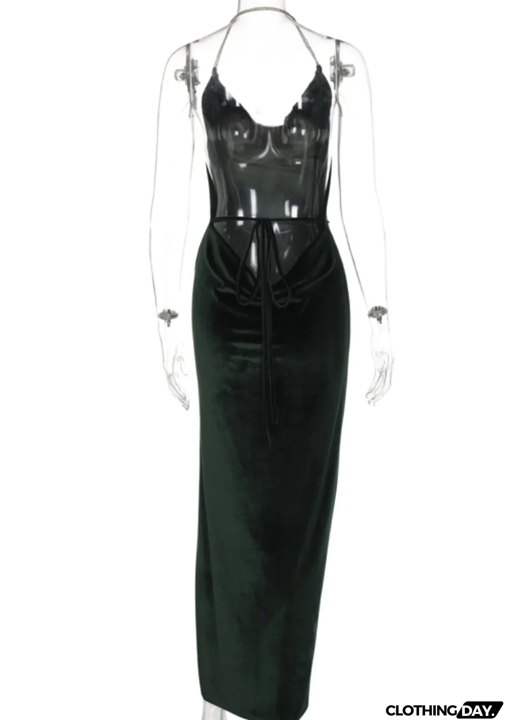 Spring Green Velvet Halter Slit Long Evening Dress