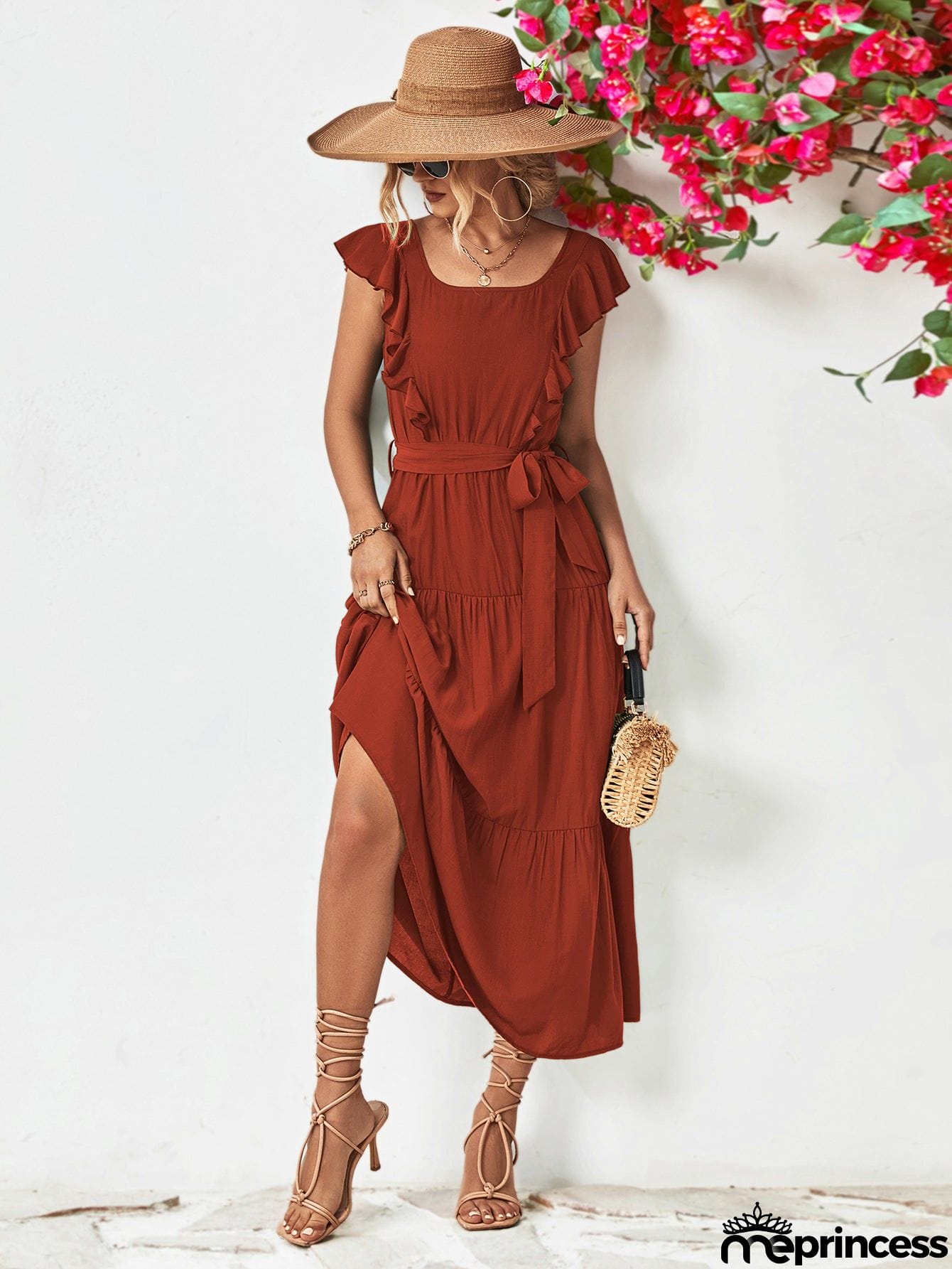 Tie Belt Ruffled Tiered Dress