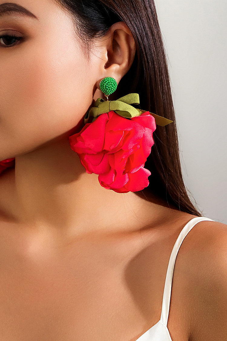 Oversized 3D Flower Bow Elegant Dangle Earrings-Pink