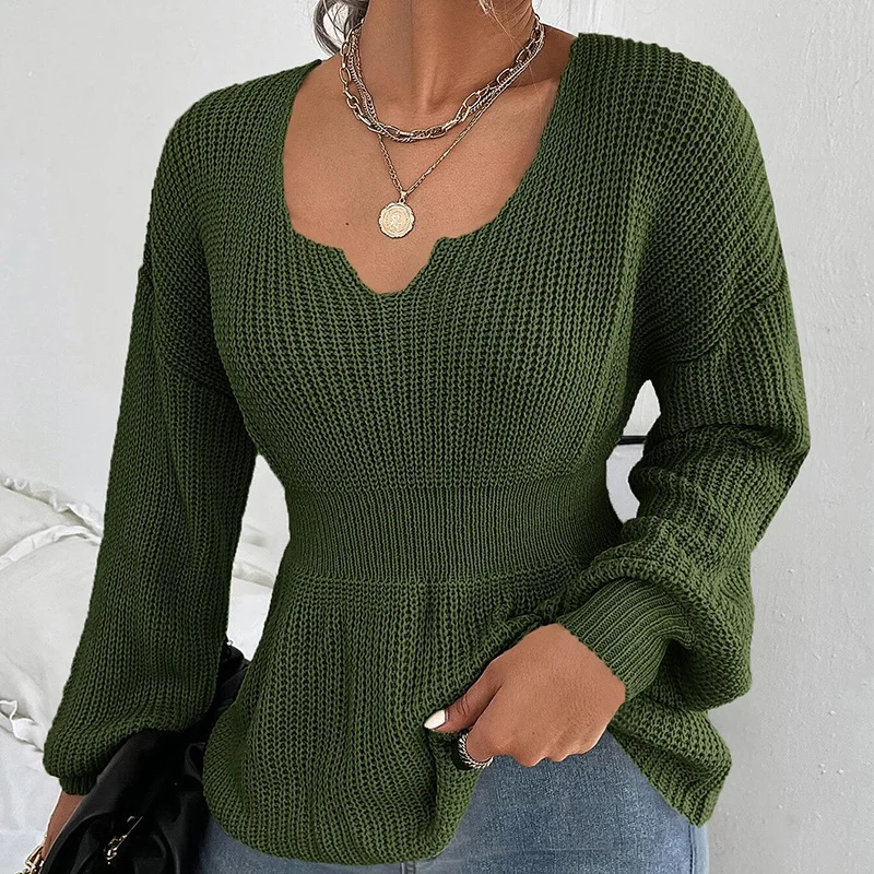 Wongn Wongn Sweater Women's Fashion V-Neck Jumper Solid Color Long Sleeve Flounces Closed Waist Women's Shirt