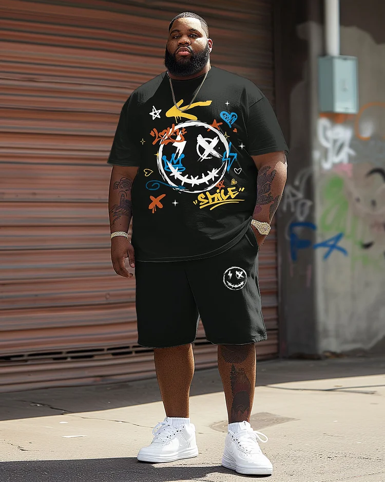 Men's Plus Size Casual Graffiti Expression Print T-Shirt Shorts Suit