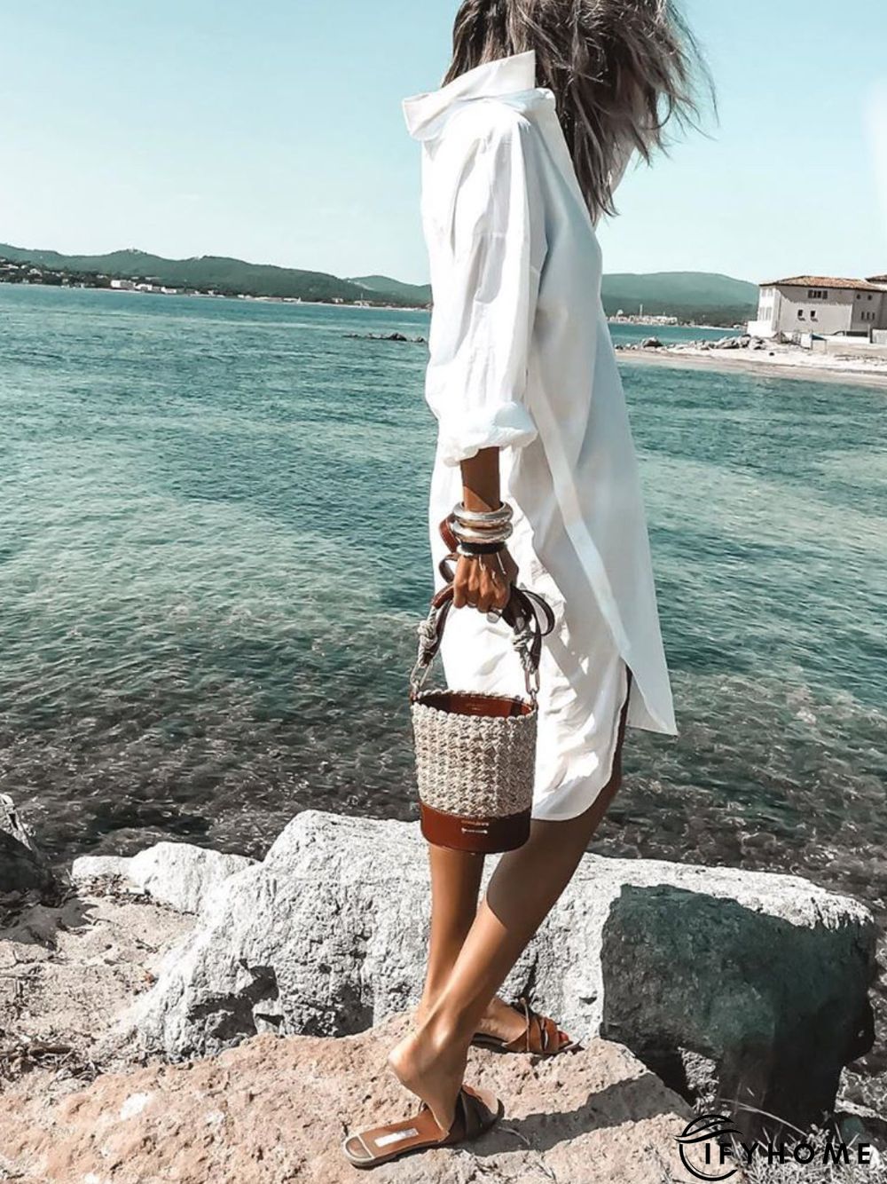 White Casual V Neck Plain Weaving Dress | IFYHOME