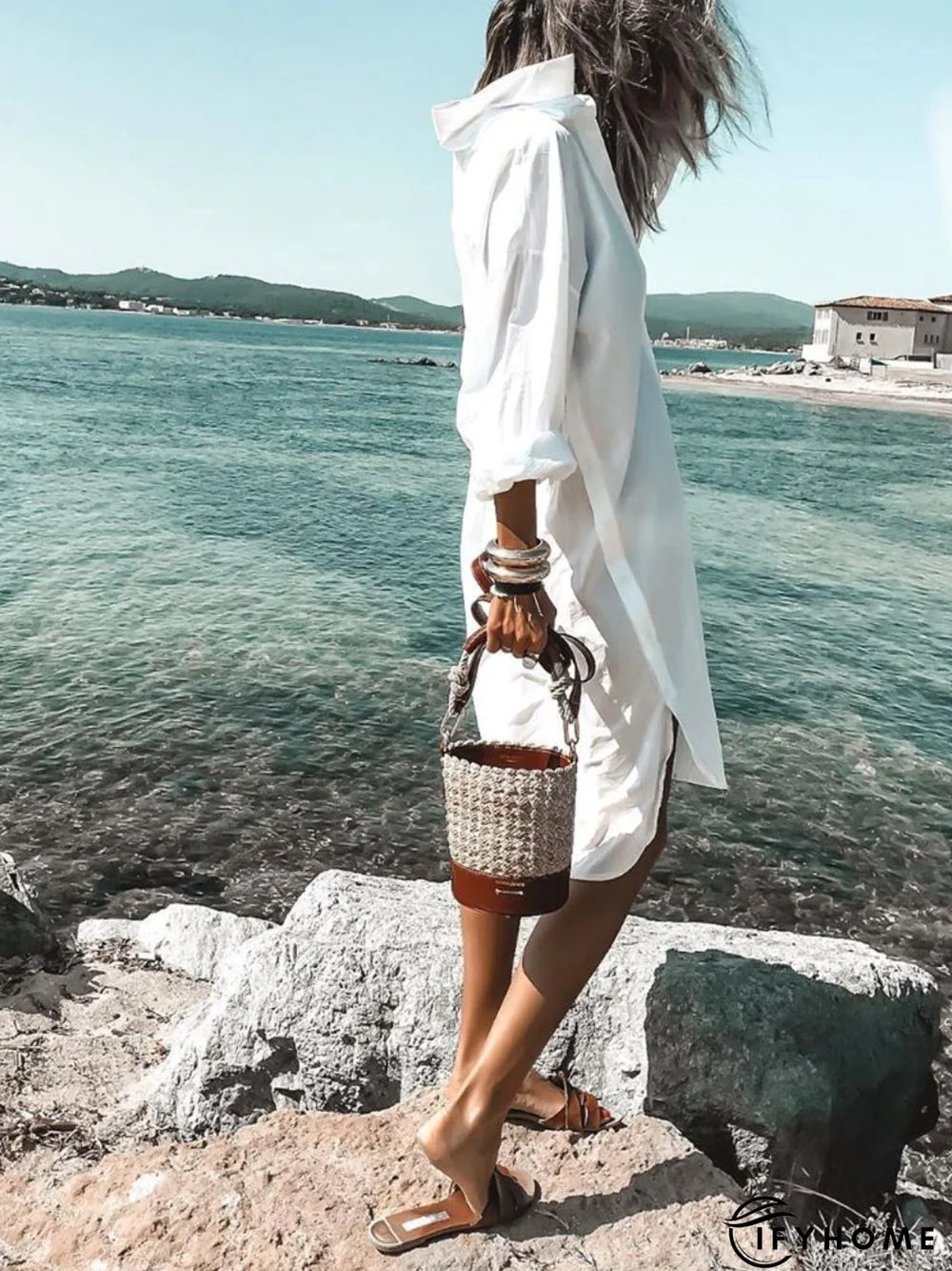 White Casual V Neck Plain Weaving Dress | IFYHOME