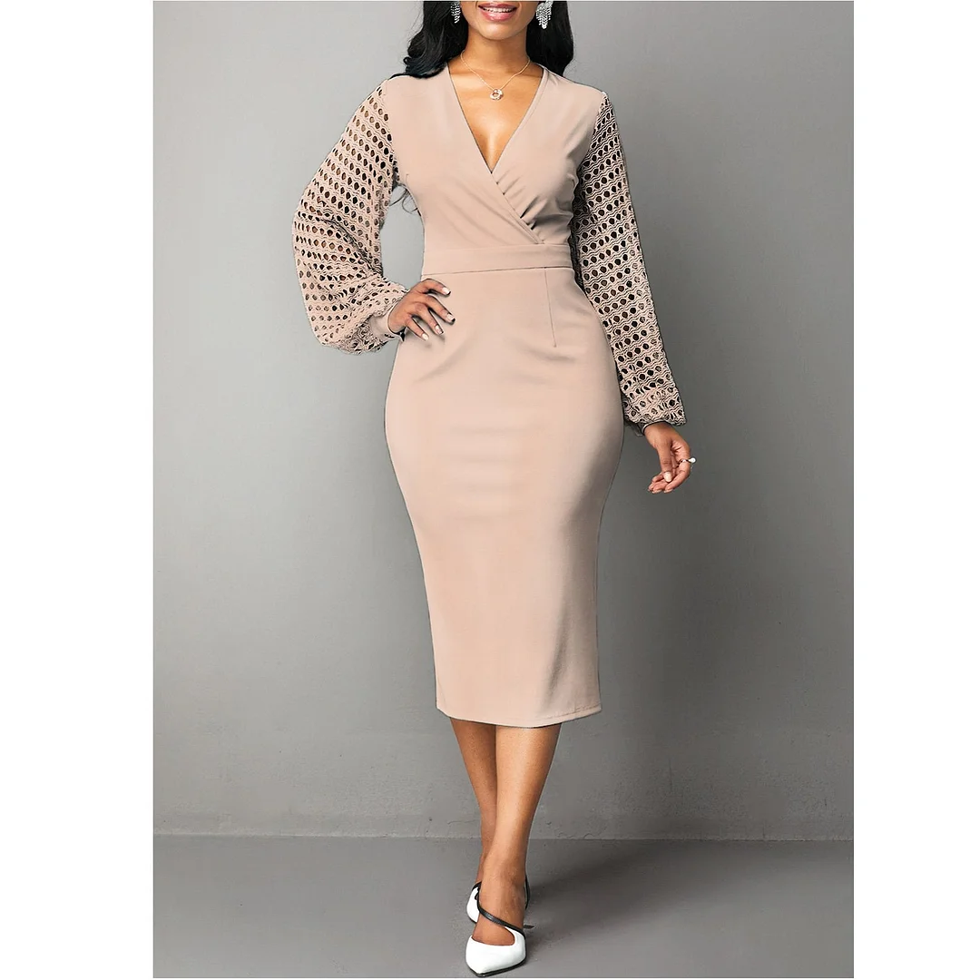 Women's Plus Size Dress V-neck Hollow Lantern Sleeve Midi Bodycon Dress