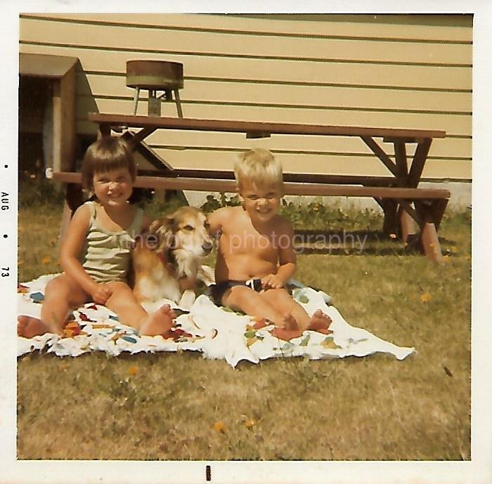 Dog Kids FOUND Photo Poster paintingGRAPH Color CHILDREN Original Snapshot VINTAGE 06 6 G