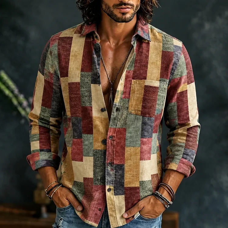 Men's Vintage Irregular Plaid Printed Linen Blend Pocket Shirt