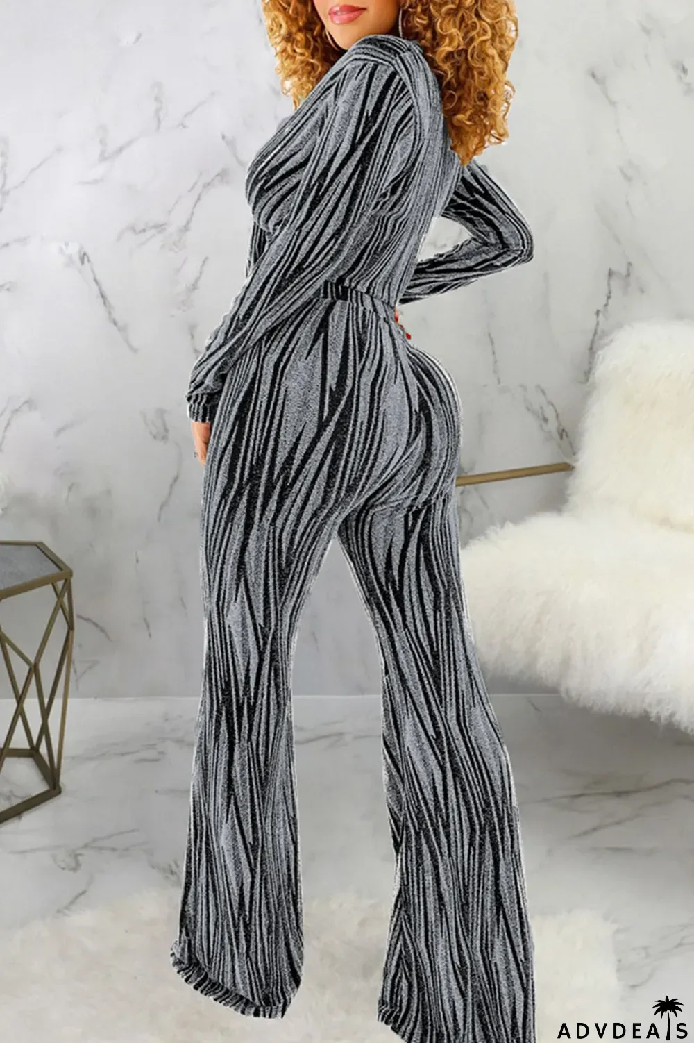 Black Sexy Print Bandage Patchwork V Neck Long Sleeve Two Pieces