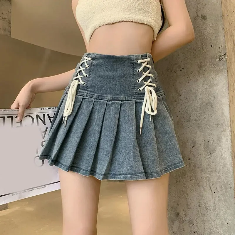 Huibahe Denim Pleated Skirt Korean Fashion Women Bandage High Waist A-line Cute Sexy Cargo Jean Mini Skirt Summer Y2k Girl