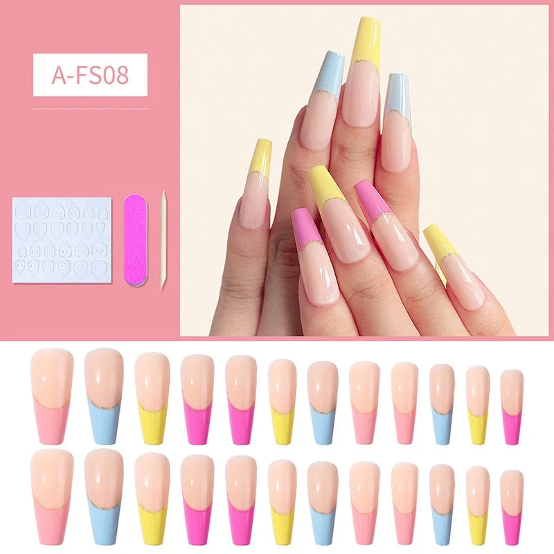 24pcs/box Artificial Nails With Glue Mid-length Fake Nails Gradient Wear Nail Stickers Finished Fake Nails Press On Nails Coffin-Nail Inspo
