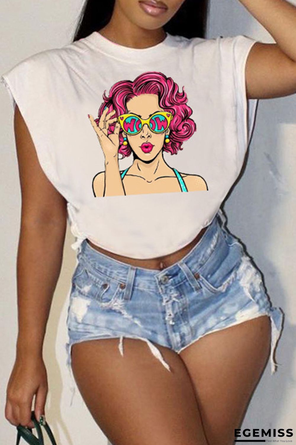 White Fashion Casual Print Patchwork O Neck T-Shirts | EGEMISS