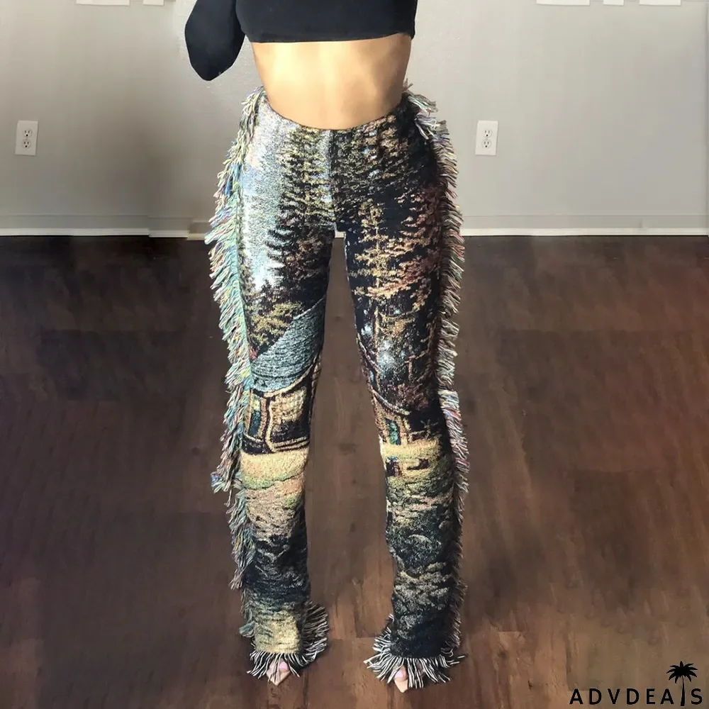 Casual Fashion Color Pattern Fringed Velvet Pants