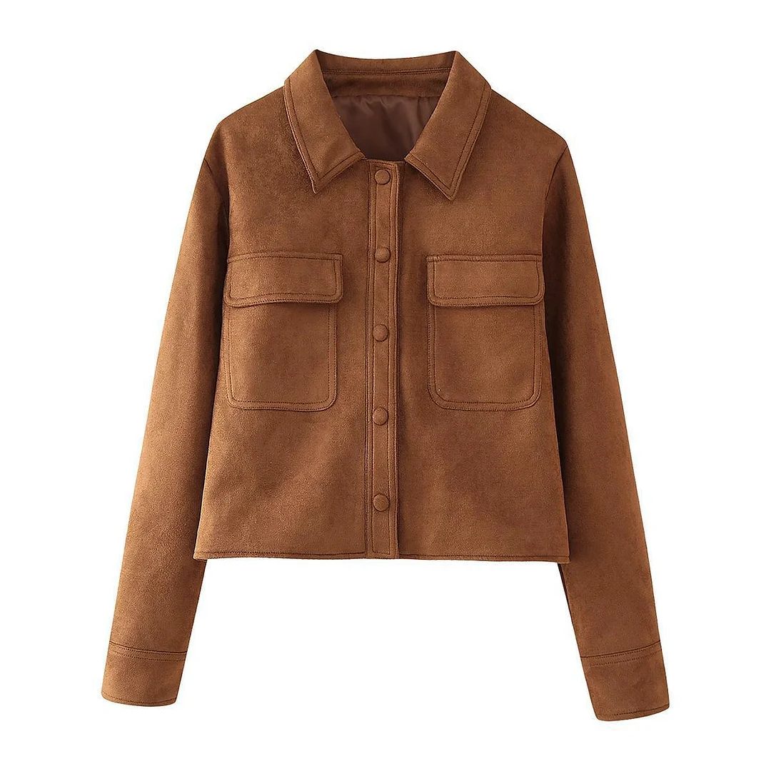Nigikala Nigikala New INS Style Retro Style Simple Collar Pocket Deer-Skin Jacket