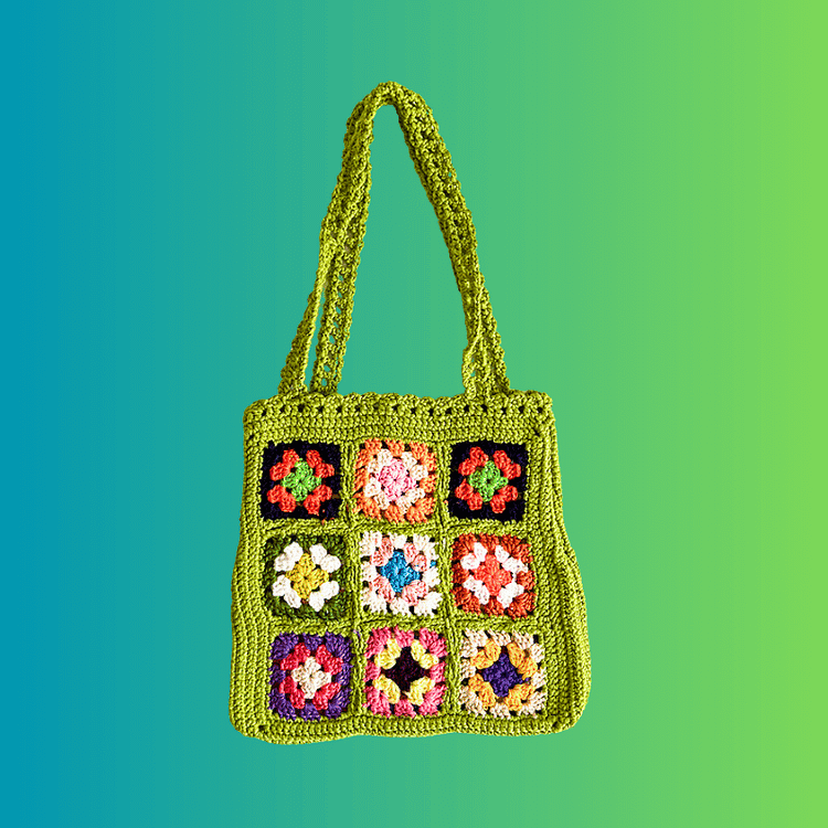 Lulusnow Handmade Green Classic Granny Square Casual Travel Beach Crochet Shoulder Bag 