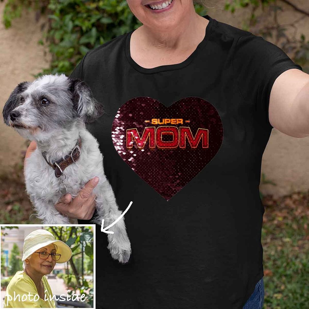 Vangogifts Custom Super Mom 2 Flip Sequin Soft Shirt Personalized Reversible Sequin Heart Shirt, Your Picture And Text Custom Kids Tee, Birthday Gift Idea For Mom, Custom Your Shirt