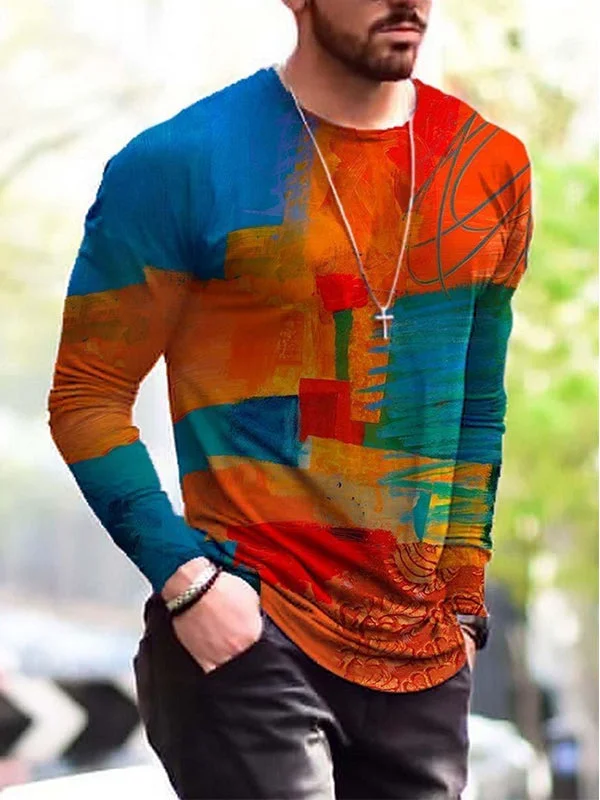 Long Sleeve Color Print Loose Fashion T-shirt