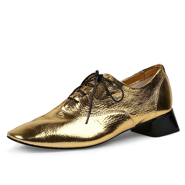 Metallic Gold Lace Up Casual Shoes Square Toe Women's Oxfords |FSJ Shoes