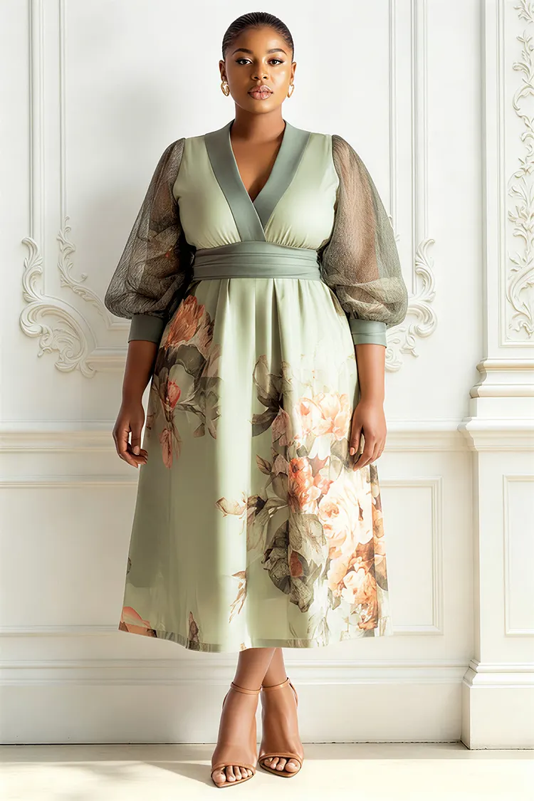 Xpluswear Design Plus Size Cocktail Party Sage Green Floral V Neck 3/4 Sleeve Pocket Contrast Midi Dresses [Pre-Order] 2024 - Xpluswear