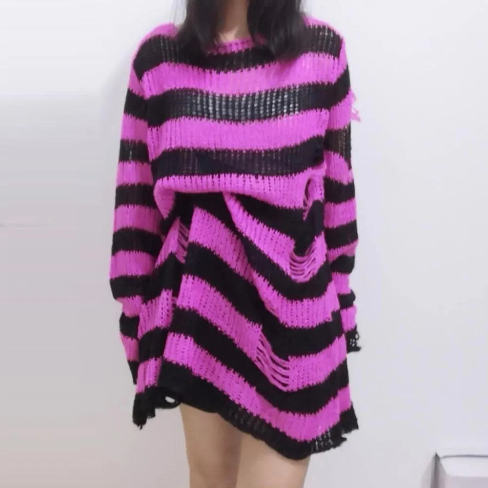 Halloween 200 Gothic Knitted Sweater Women Long Pullovers Striped Loose Winter Ripped Plus Size Sweaters Jumpers Mujer Jersey 924