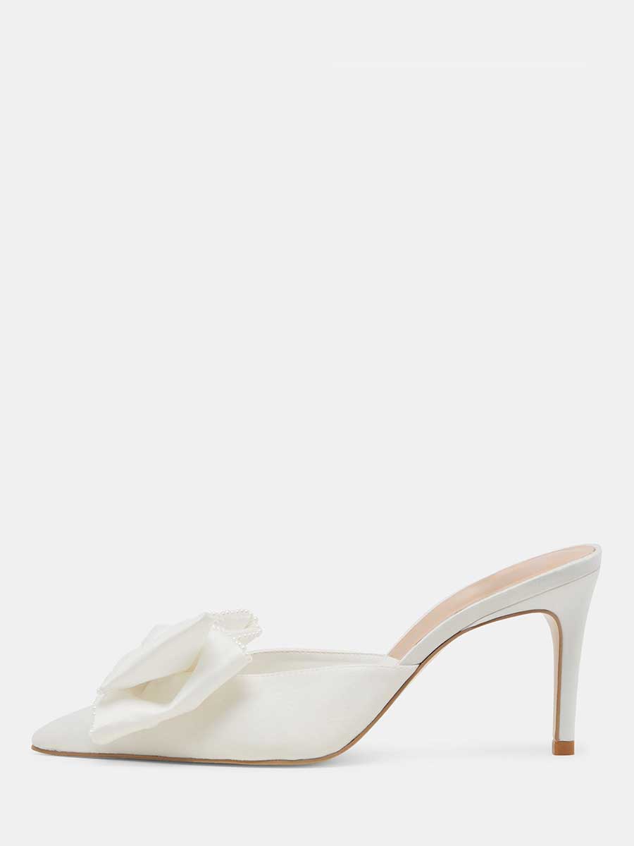 Ivory Satin Pearl Trim Oversized Bow Wedding Heels Pointed Toe Mules