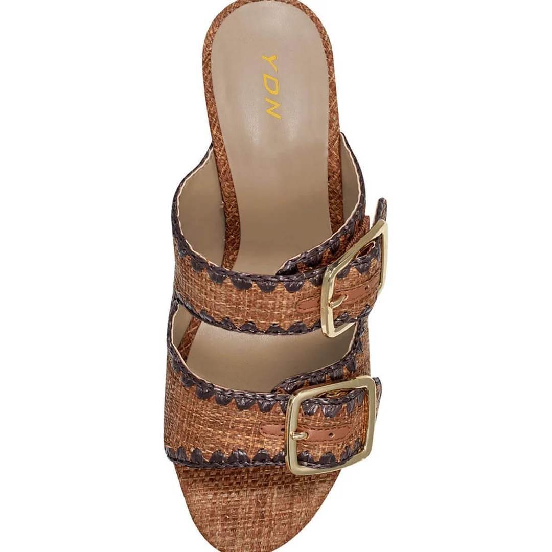 Brown Chunky Heel Double Buckle Strap Open Toe Mules Sandals