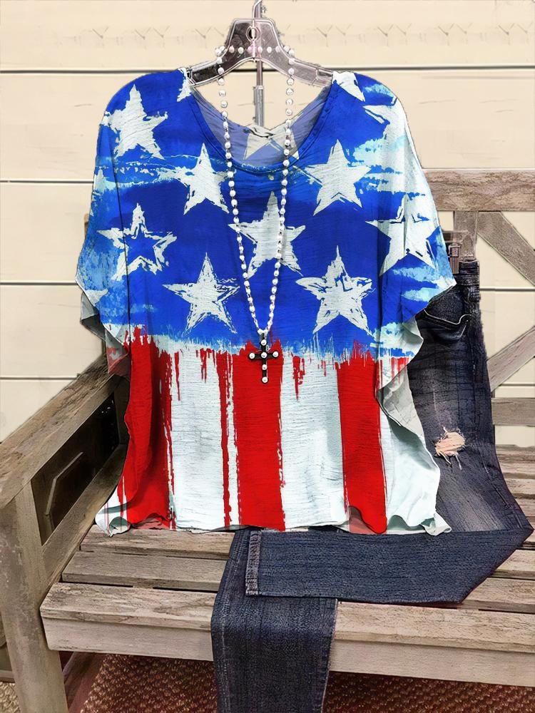 Women's Casual Flag Print Half-sleeve V-neck T-shirt