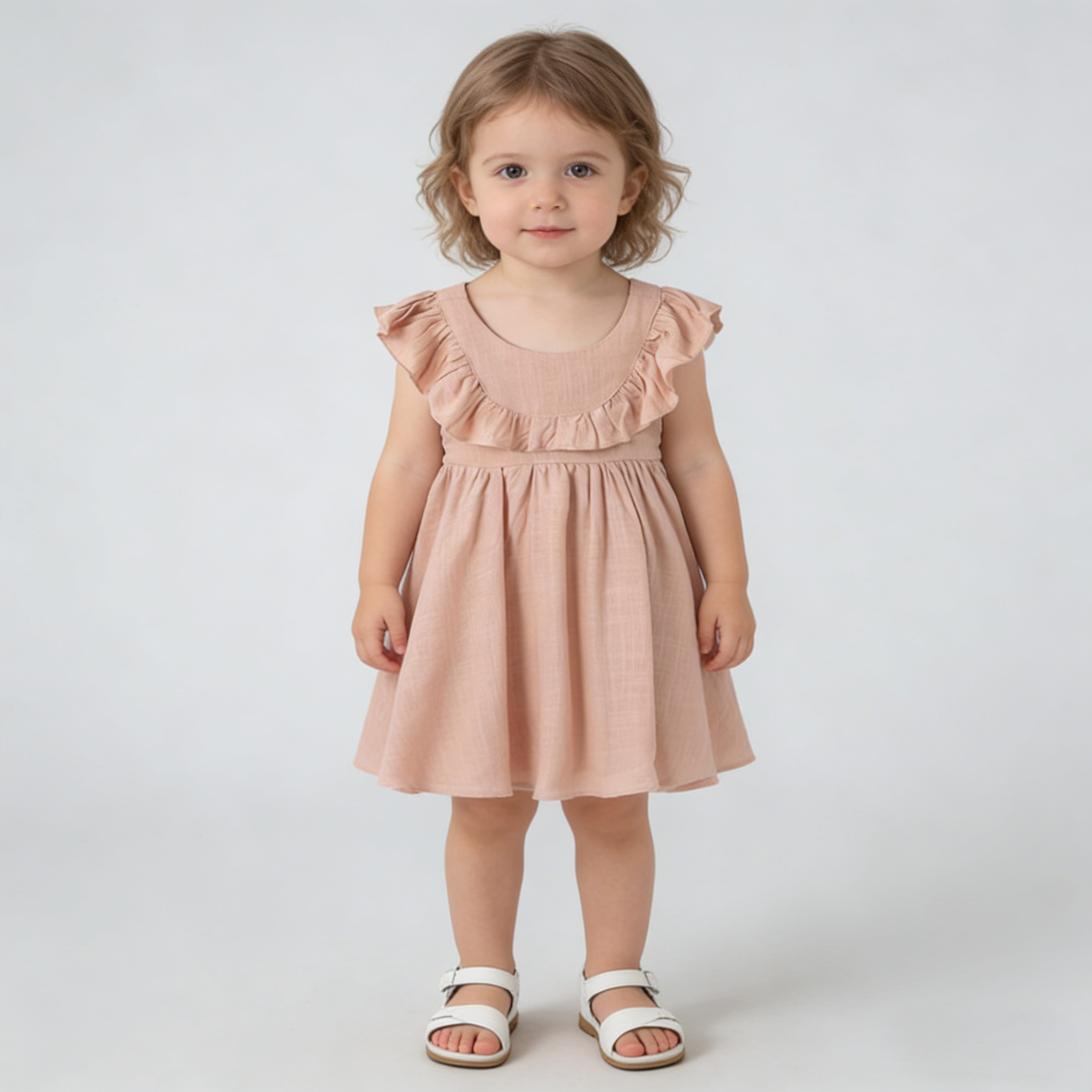 Soft-Hued Ruffled Linen Girls' Dress REAL SILK LIFE