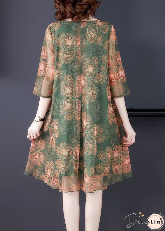 Loose Orange O Neck Print Tulle Dress Summer