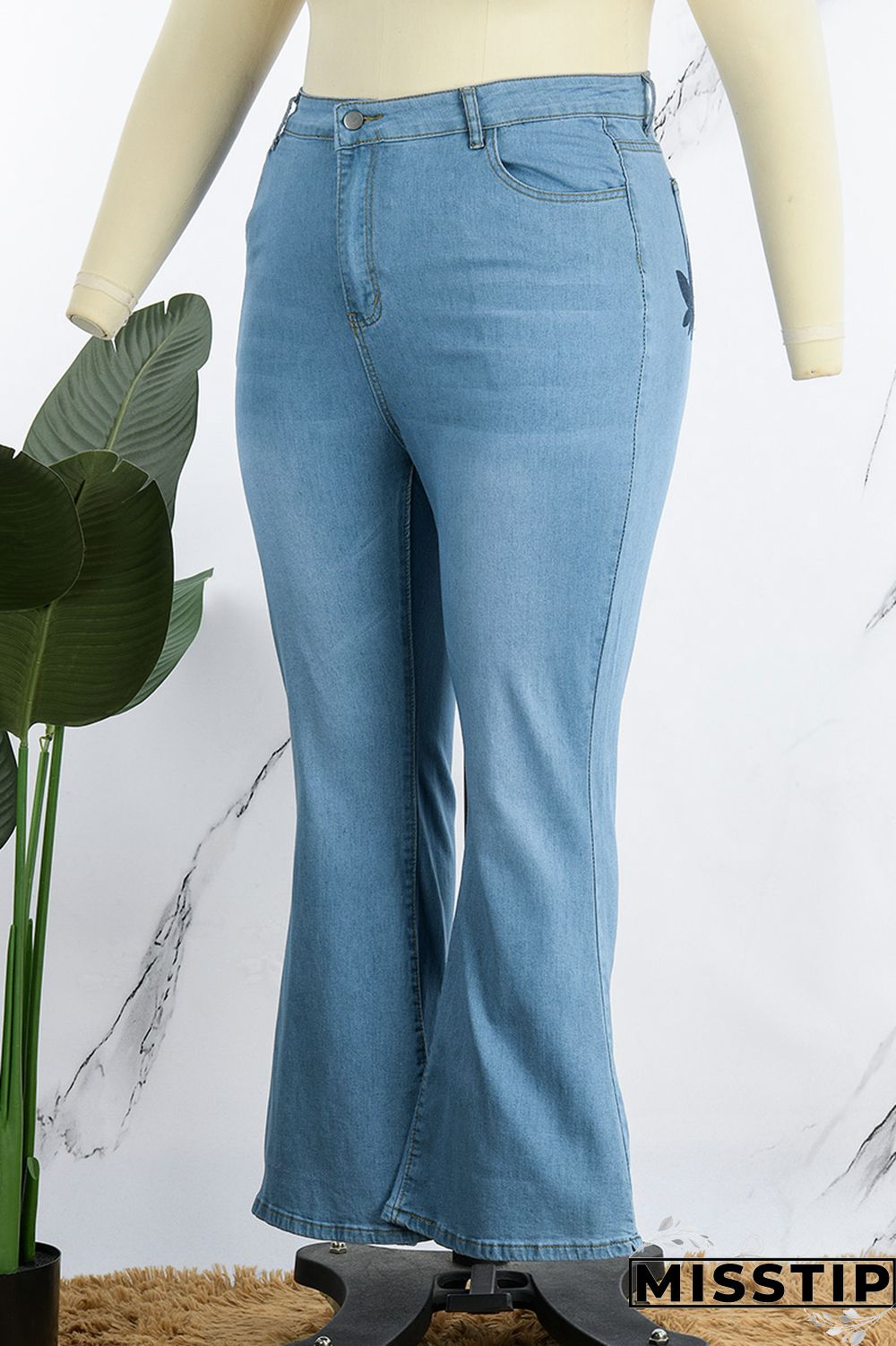 Light Blue Casual Solid Patchwork Plus Size Jeans