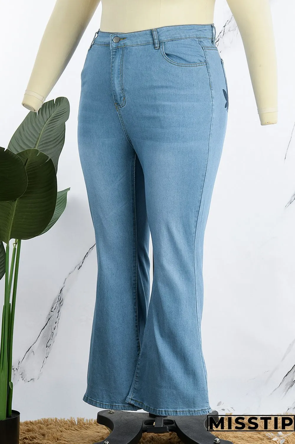 Light Blue Casual Solid Patchwork Plus Size Jeans