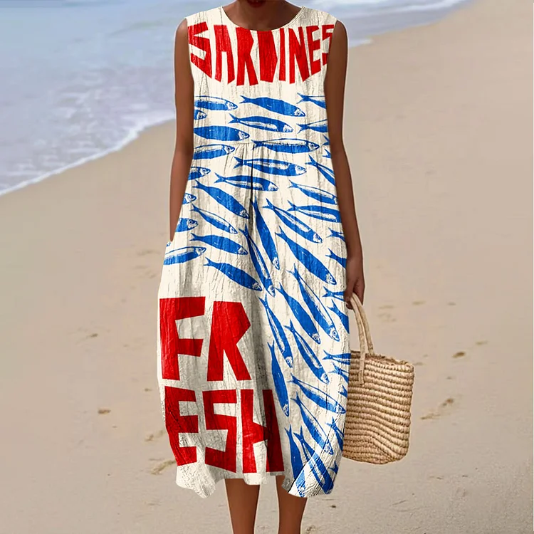 Women's Vintage Fish Sardines Art Print Sleeveless Cotton Pocket Wrap Dress