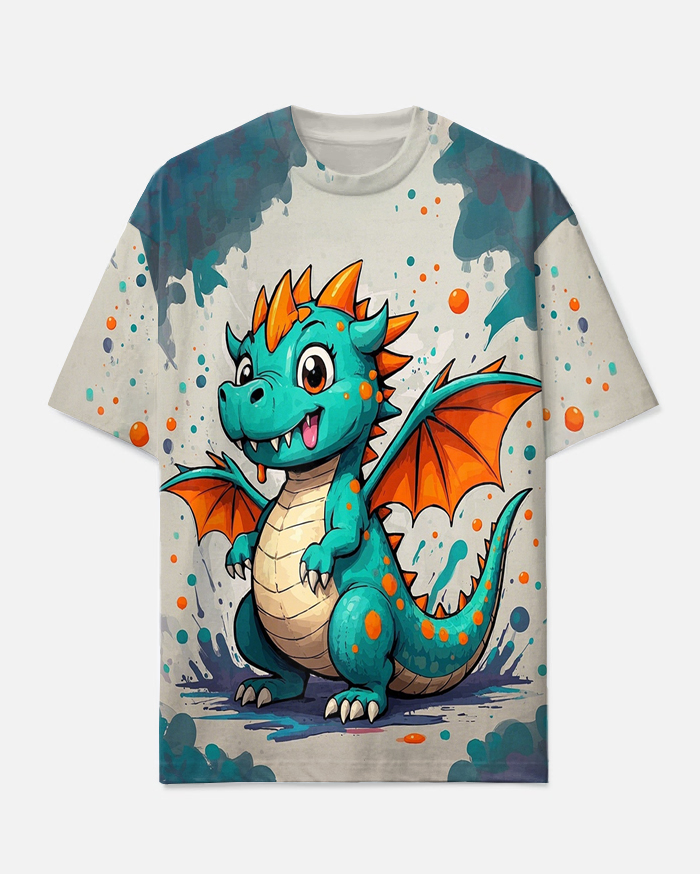 Men's Casual Ink Splash Design Cartoon Cute Dinosaur Printed Big & Tall Short Sleeve T-shirt