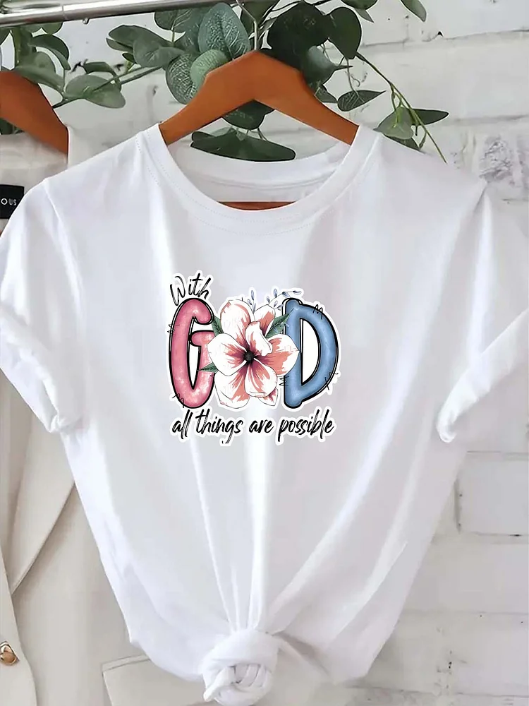 Women's Fashion Round Neck Short-Sleeved T-Shirt Trendy Spring And Summer Four Seasons Street Style Light Luxury Pattern Printing Literary Woman Commuting Work Clothes Element Holiday Party Clothes Animal Letter Pattern Popular T-Shirt Cute Black And