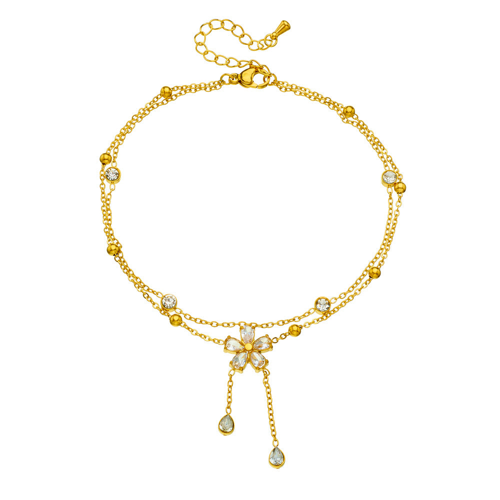 Fashionable Diamond-Studded Five-Petal Flower Chain Tassel Stacking Double-Layer Stainless Steel Gold-Plated Thin Chain Anklet
