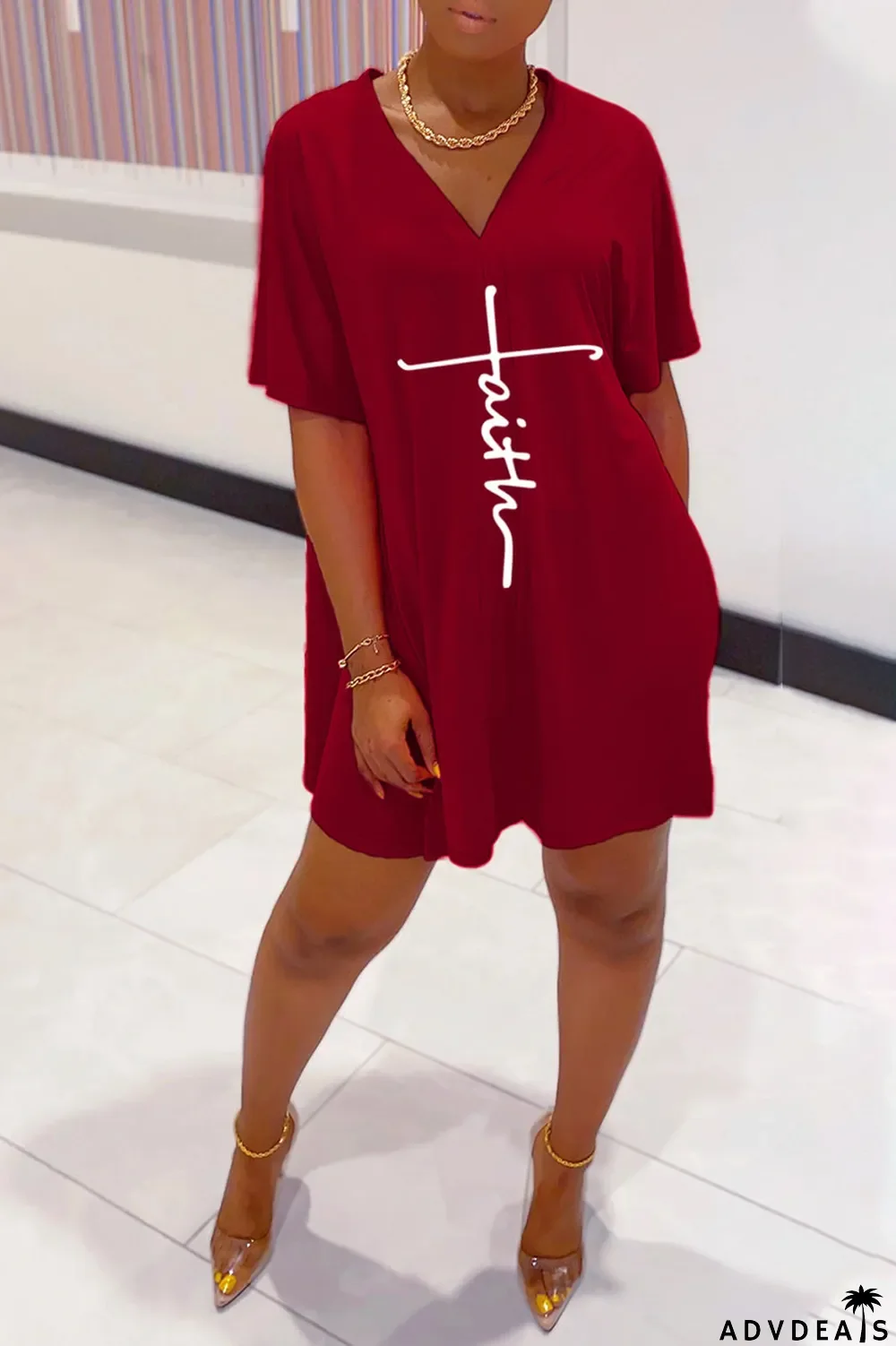 Tangerine Red Casual Print Split Joint V Neck Short Sleeve Two Pieces