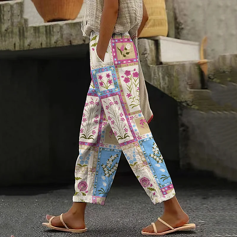 Women's Retro Geometric Floral Art Cotton And Linen Casual Pants