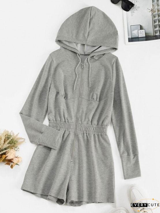 Drawstring Hooded Zip Front Sweat Romper for Women