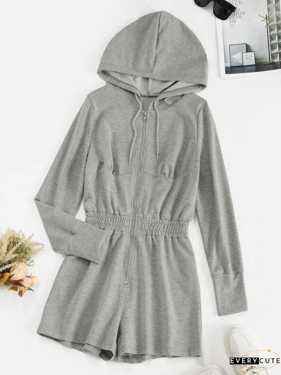 Drawstring Hooded Zip Front Sweat Romper for Women