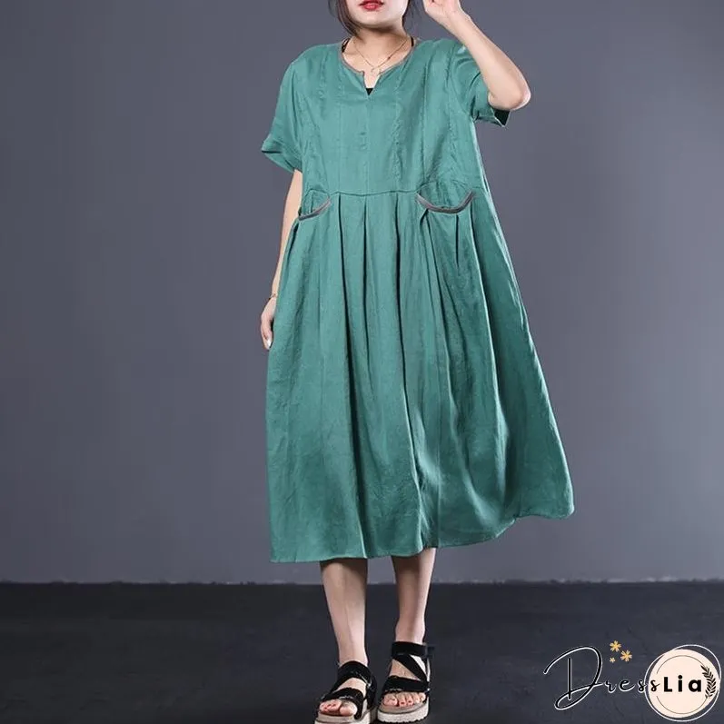 V-Neck Pleated Solid Color Loose Dress