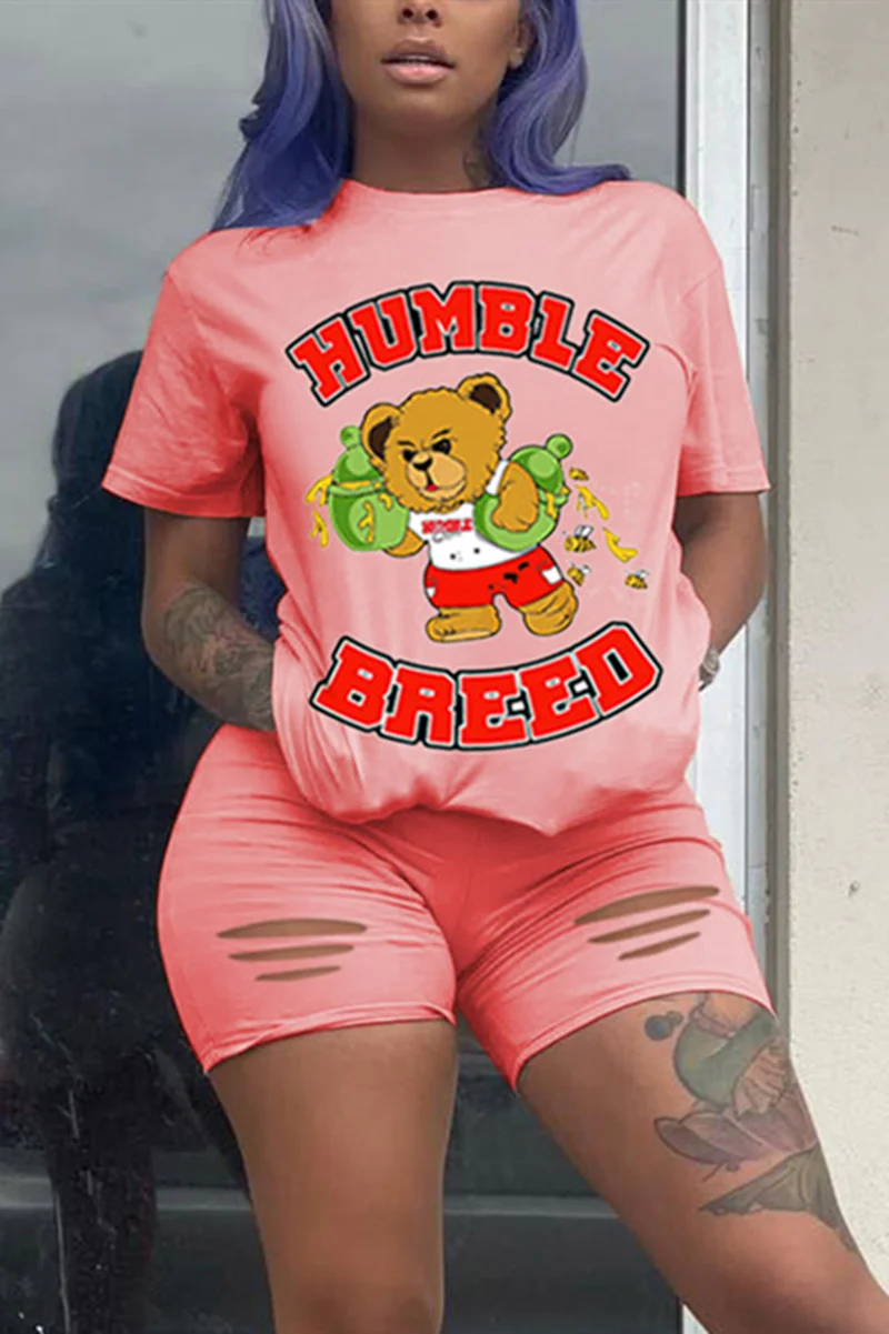 Pink Fashion Casual Printed Short Sleeve Shorts Set | EGEMISS