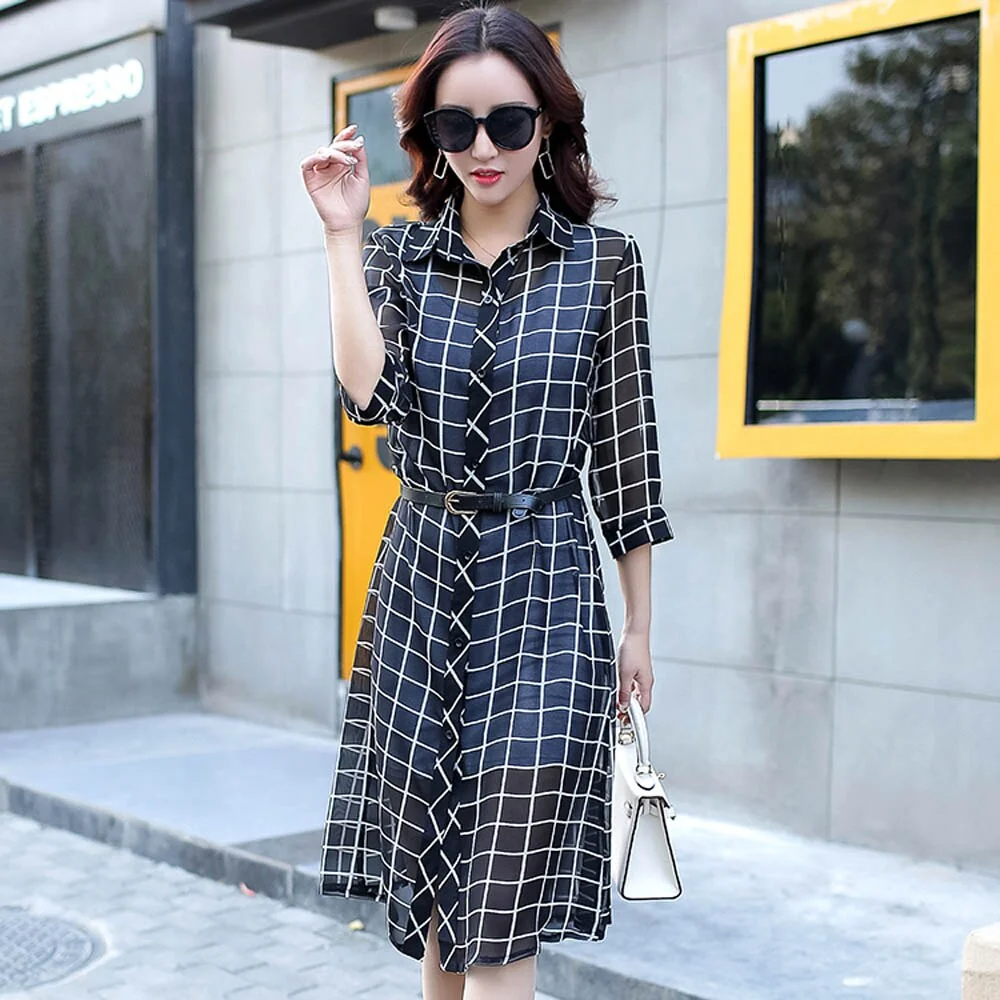 Chiffon Dresses 2020 Summer Women Casual Plaid Striped Dress Tunics Beach Cover Vintage Dress Tunic Robe Femme Cardigan Dresses