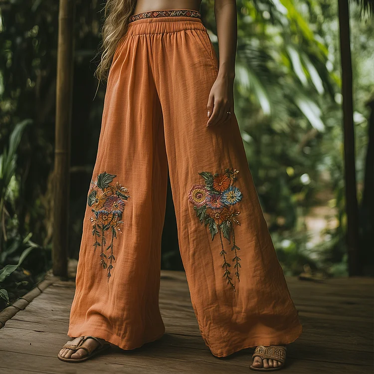 Women's Tribal Floral Embroidered Linen Lounge Pants