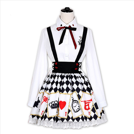 Lolita Harajuku Alice Embroidered Shirt Poker Cards Printed Strap Dress SP179219