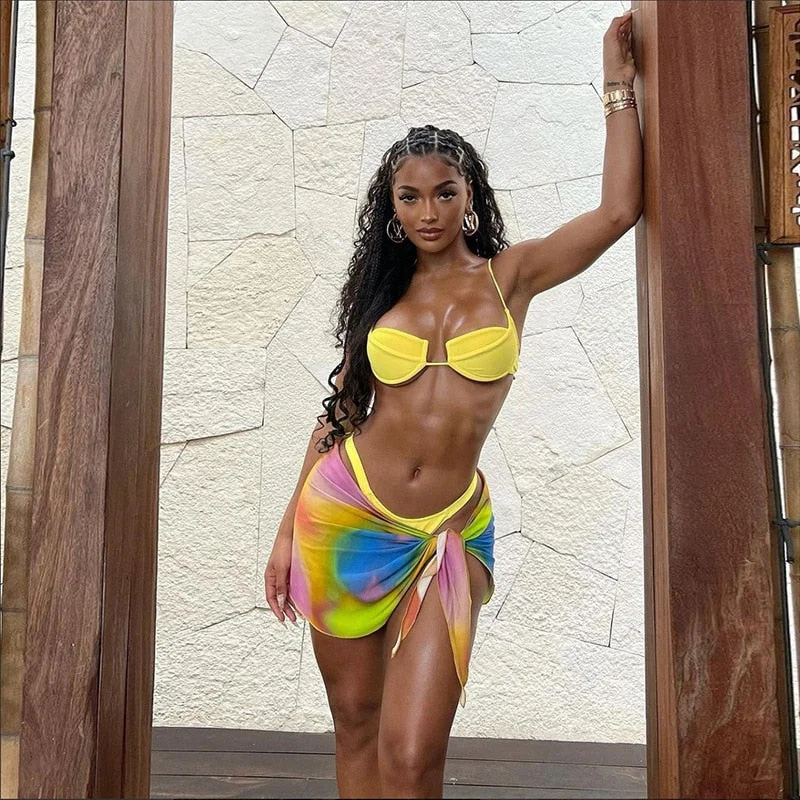 BIIKPIIK Colourful Bikini Three Piece Set Women Solid Bra Top + Panty Suit Matching Gradient Bundled Skirt Summer Beach Swimwear