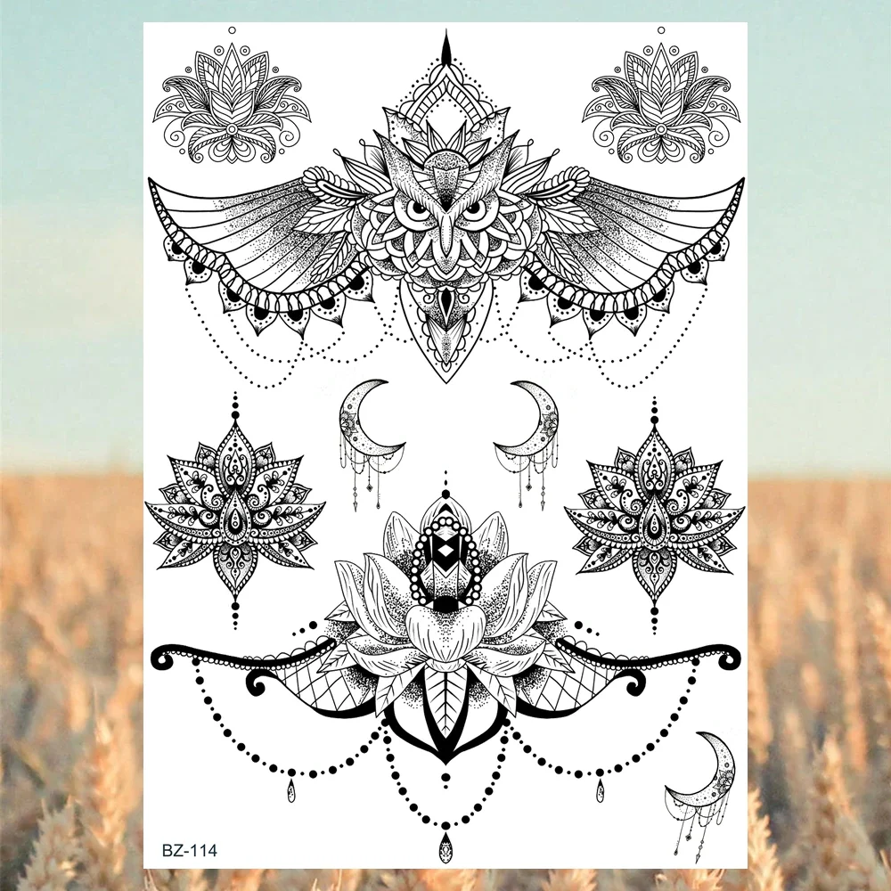 Sdrawing Mandala Lotus Pendant Sexy Henna Temporary Tattoos For Women Underboob Adult Butterfly Feather Fake Tattoo Arm Tatoos