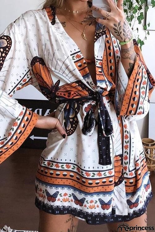 Print Bat Long Sleeve Bleted Mini Dress