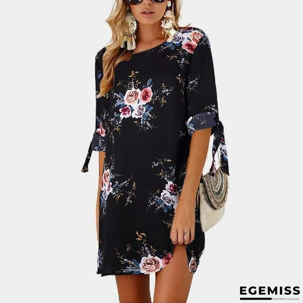 Women Chiffon Floral Print Mini Dress Boho Beach Half Sleeve Elegant Dress Black Dresses | EGEMISS