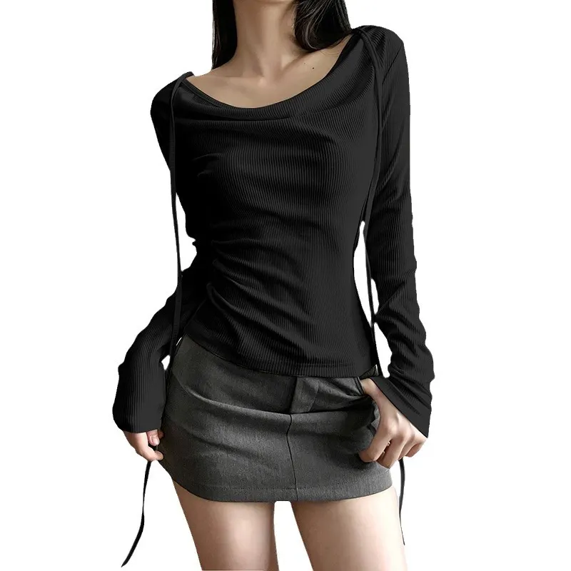 Brownm 2024 Winter New Women's Solid Color Slimming Fashion Sexy V-Neck Long Sleeve Strap T-Shirt