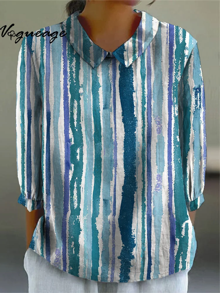 Fashionable And Simple Blue Vertical Striped Printed Cotton And Linen Shirt