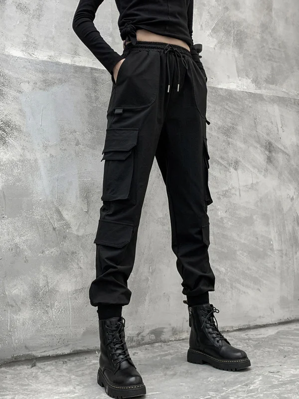 Stylish Drawstring Punk Empire Black Casual Overalls Pants